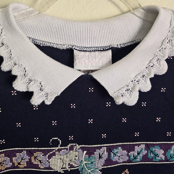 🎀Vintage SPUMONI Cat Embroidered Style Lacey Collared Sweatshirt🎀 - Picture 2 of 10